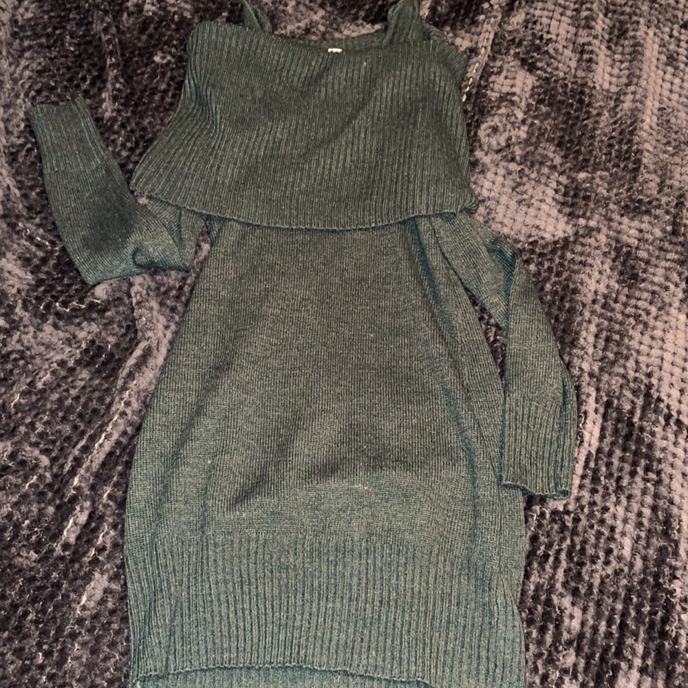 Green Cow Neck / Off the Shoulder Knit Sweater Winter Dress